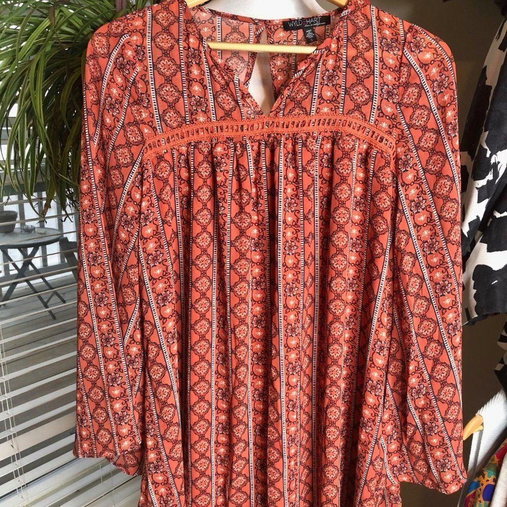 Boho Hippie Orange Bell Sleeve Flowy Dress‎ Small